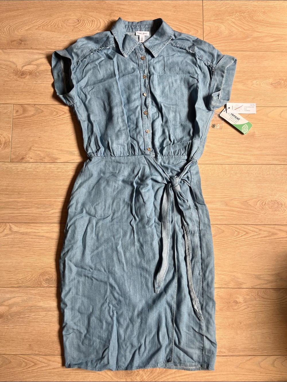 Tribal Light Blue Chambray Midi Shirt Dress with Waist Tie